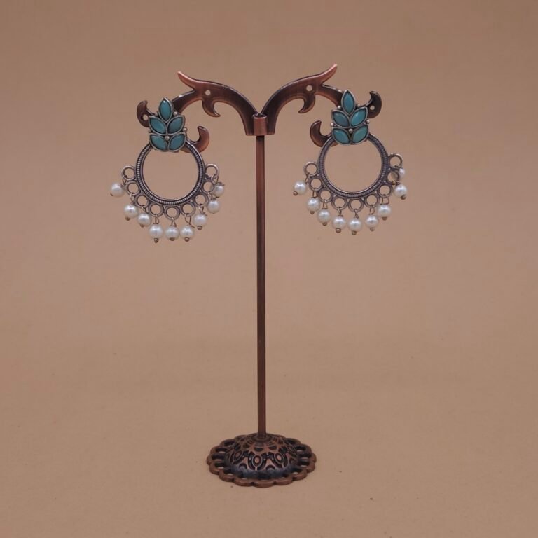 Handcrafted Green Leaf Motif Silver Replica Brass Circle Earrings with Pearls – Anti-Tarnish