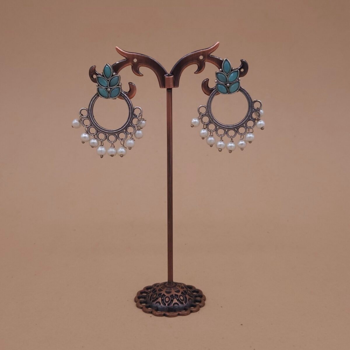 Handcrafted Green Leaf Motif Silver Replica Brass Circle Earrings with Pearls – Anti-Tarnish