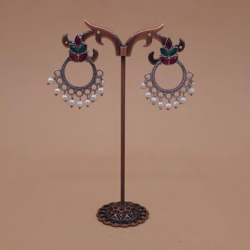Handcrafted Green-Red Leaf Motif Silver Replica Brass Circle Earrings with Pearls - Anti-Tarnish