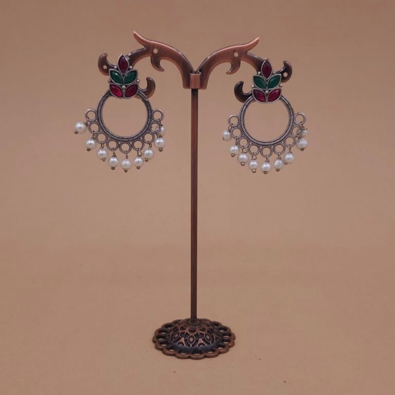 Handcrafted Green-Red Leaf Motif Silver Replica Brass Circle Earrings with Pearls - Anti-Tarnish