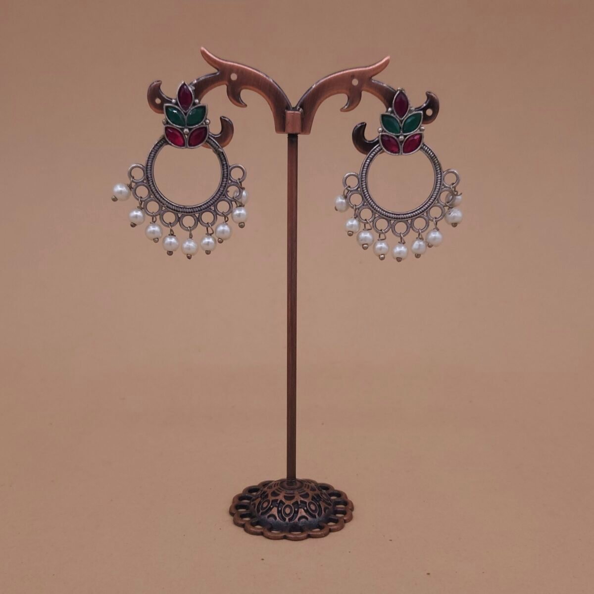 Handcrafted Green-Red Leaf Motif Silver Replica Brass Circle Earrings with Pearls - Anti-Tarnish