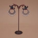 Handcrafted Green-Red Leaf Motif Silver Replica Brass Circle Earrings with Pearls - Anti-Tarnish