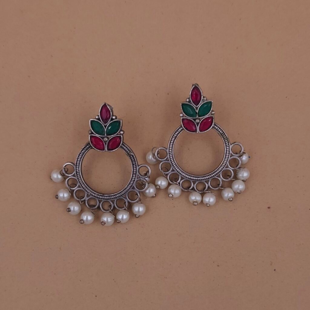 Handcrafted Green-Red Leaf Motif Silver Replica Brass Circle Earrings with Pearls - Anti-Tarnish