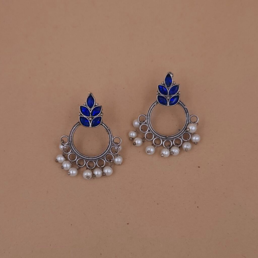 Handcrafted Blue Leaf Motif Silver Replica Brass Circle Earrings with Pearls - Anti-Tarnish