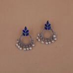 Handcrafted Blue Leaf Motif Silver Replica Brass Circle Earrings with Pearls - Anti-Tarnish