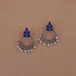Handcrafted Blue Leaf Motif Silver Replica Brass Circle Earrings with Pearls - Anti-Tarnish