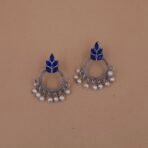 Handcrafted Blue Leaf Motif Silver Replica Brass Circle Earrings with Pearls - Anti-Tarnish