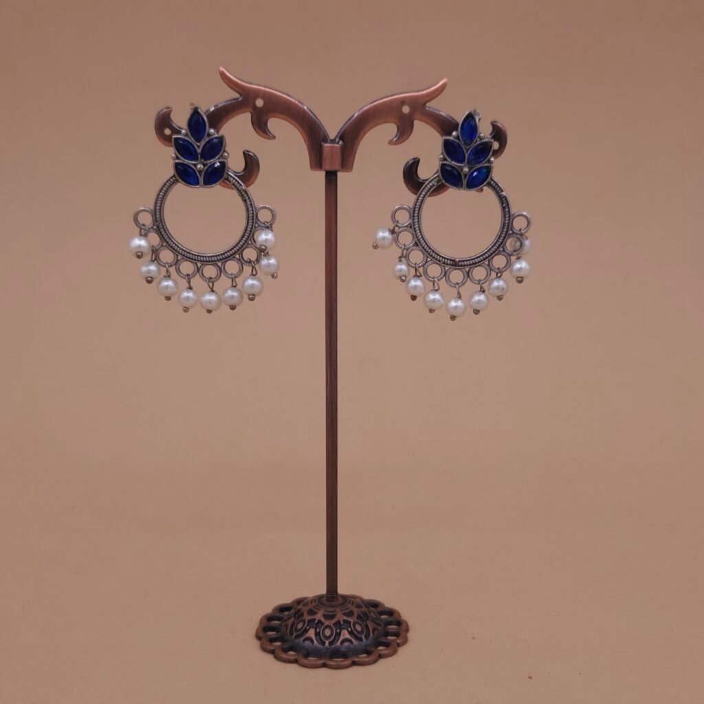 Handcrafted Blue Leaf Motif Silver Replica Brass Circle Earrings with Pearls - Anti-Tarnish