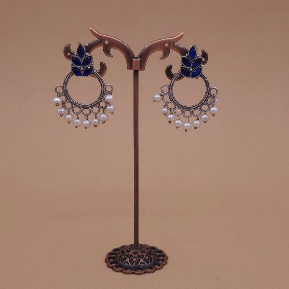 Handcrafted Blue Leaf Motif Silver Replica Brass Circle Earrings with Pearls - Anti-Tarnish