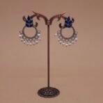 Handcrafted Blue Leaf Motif Silver Replica Brass Circle Earrings with Pearls - Anti-Tarnish