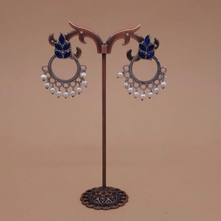 Handcrafted Blue Leaf Motif Silver Replica Brass Circle Earrings with Pearls - Anti-Tarnish
