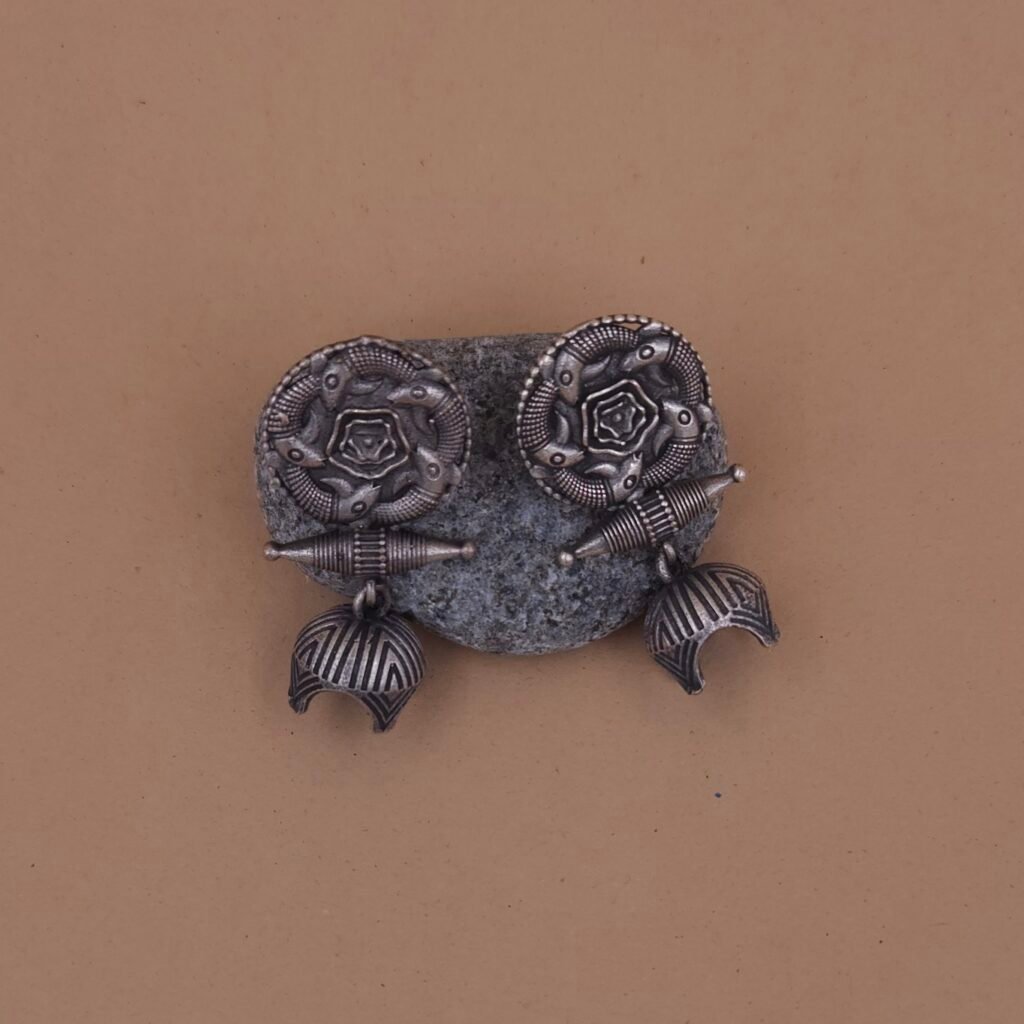 Handcrafted Tribal Shield Silver Replica Brass Jhumka Earrings - Anti-Tarnish