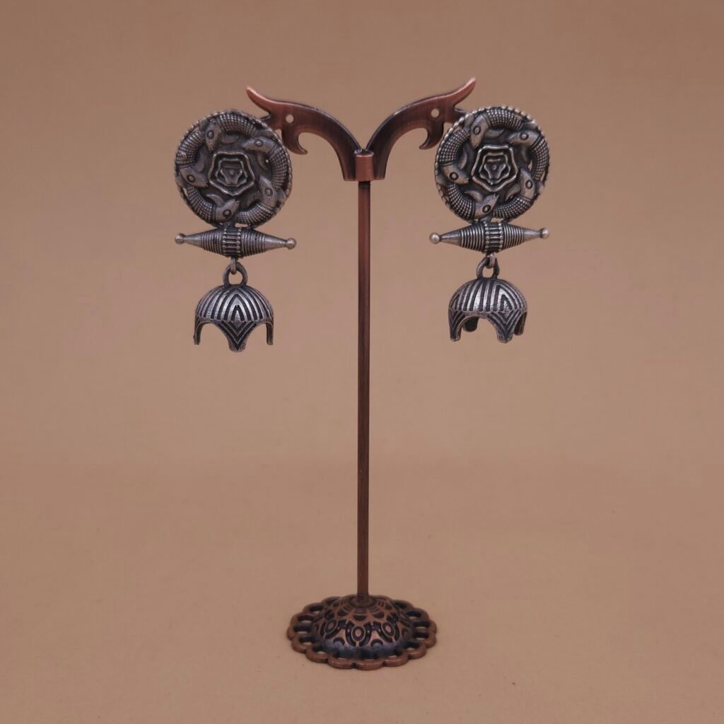 Handcrafted Tribal Shield Silver Replica Brass Jhumka Earrings - Anti-Tarnish