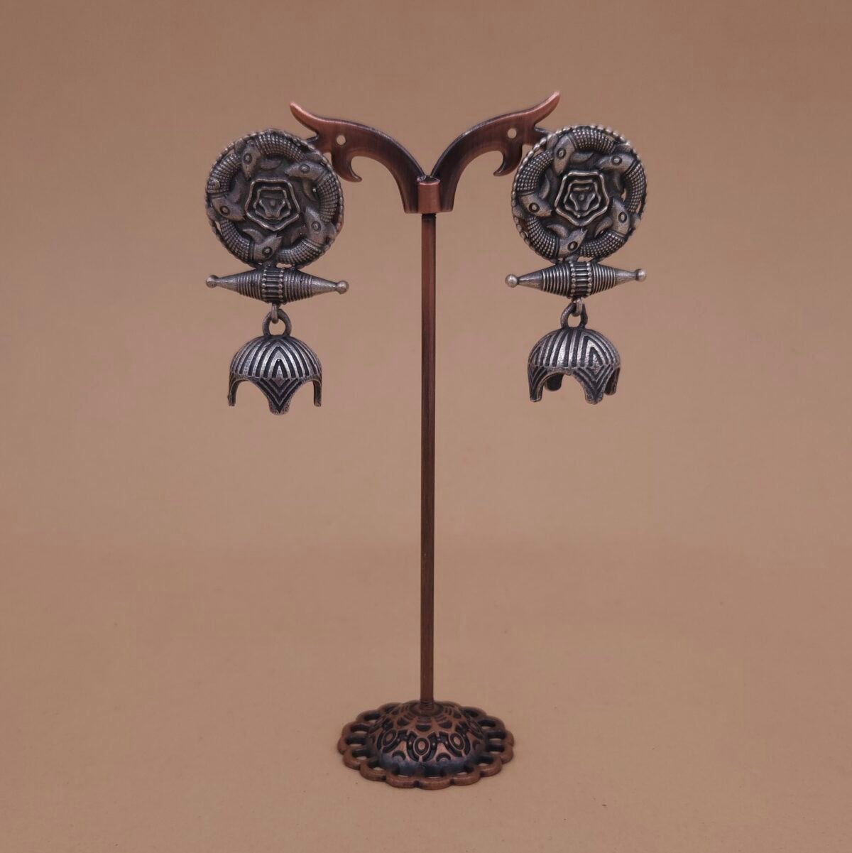 Handcrafted Tribal Shield Silver Replica Brass Jhumka Earrings - Anti-Tarnish