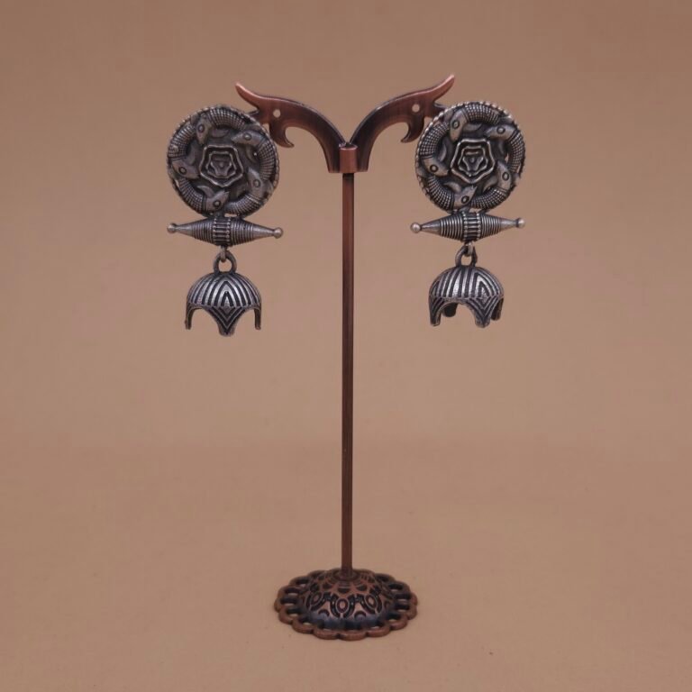 Handcrafted Tribal Shield Silver Replica Brass Jhumka Earrings - Anti-Tarnish