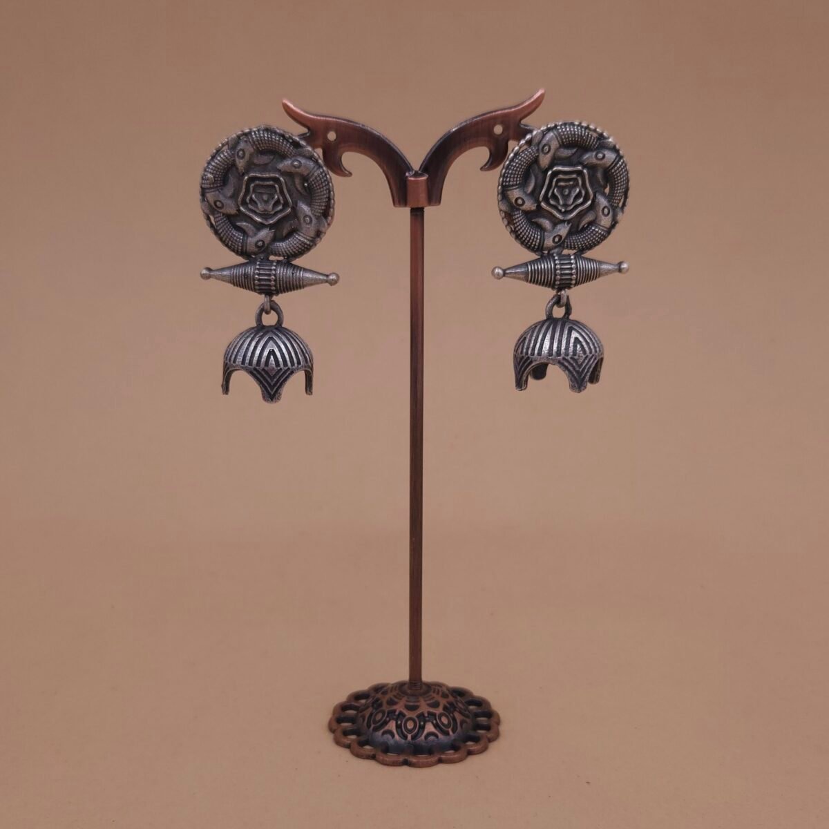 Handcrafted Tribal Shield Silver Replica Brass Jhumka Earrings - Anti-Tarnish
