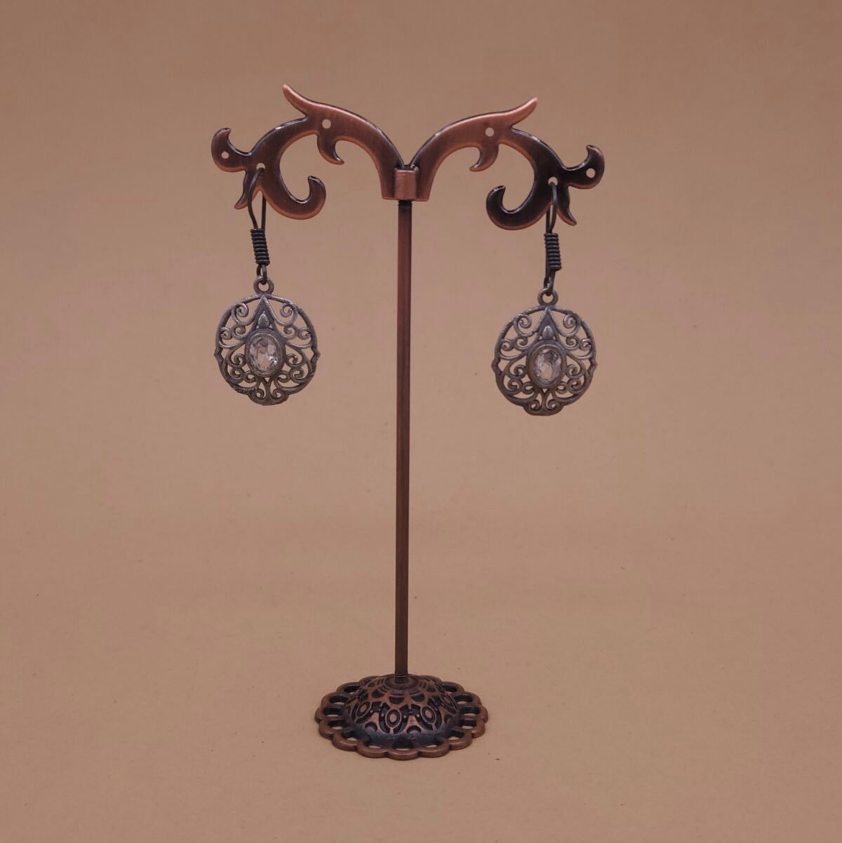 Handcrafted Oval Filigree Silver Replica Brass Earrings with Clear Stone - Anti-Tarnish