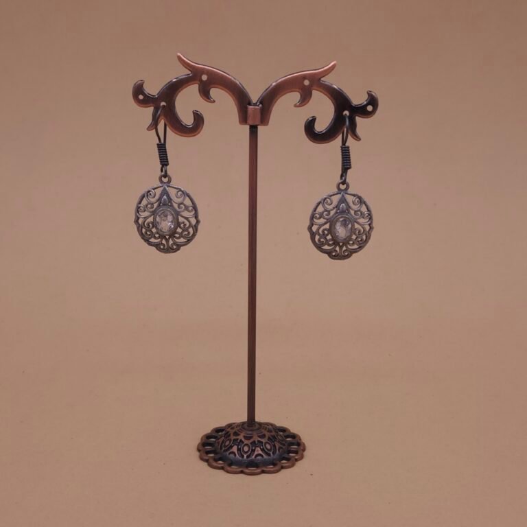 Handcrafted Oval Filigree Silver Replica Brass Earrings with Clear Stone - Anti-Tarnish