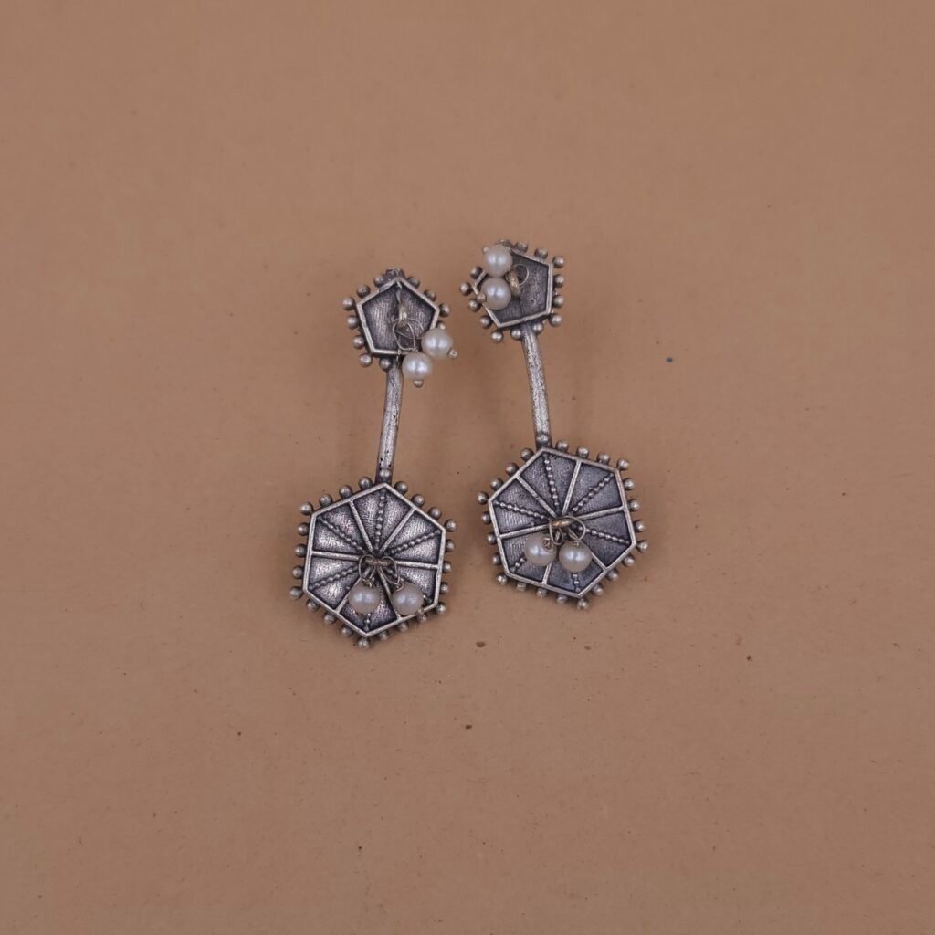 Handcrafted Hexagon Motif Silver Replica Brass Dangler Earrings with Pearls - Anti-Tarnish