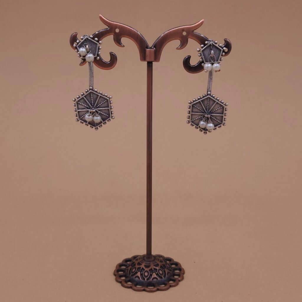 Handcrafted Hexagon Motif Silver Replica Brass Dangler Earrings with Pearls - Anti-Tarnish