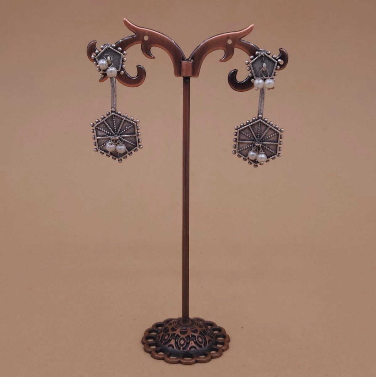 Handcrafted Hexagon Motif Silver Replica Brass Dangler Earrings with Pearls - Anti-Tarnish