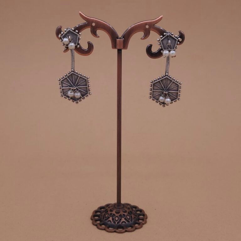 Handcrafted Hexagon Motif Silver Replica Brass Dangler Earrings with Pearls - Anti-Tarnish