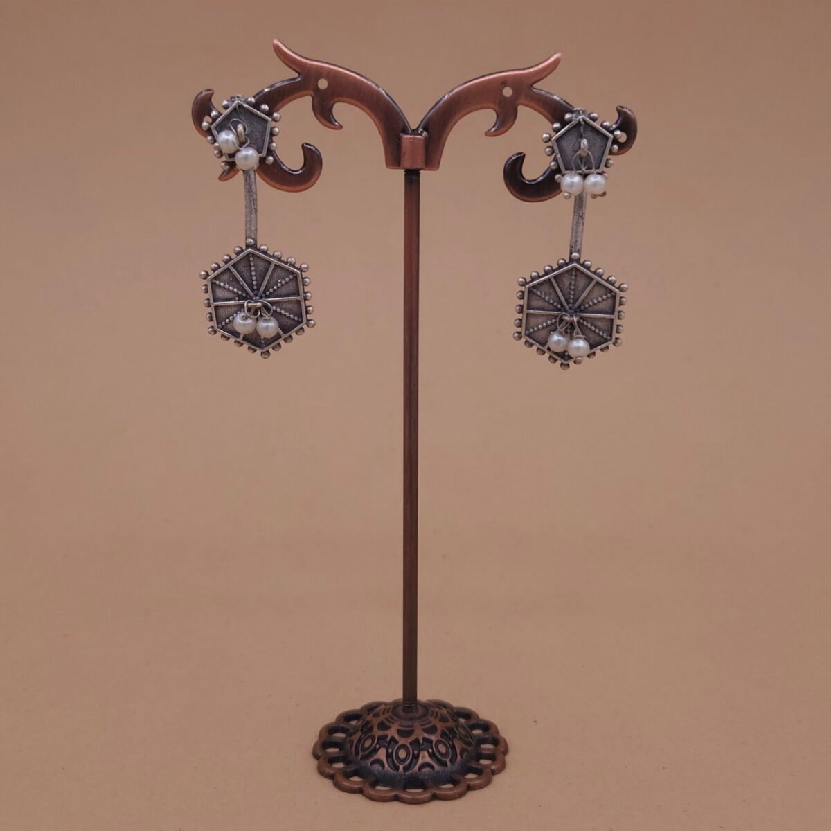 Handcrafted Hexagon Motif Silver Replica Brass Dangler Earrings with Pearls - Anti-Tarnish