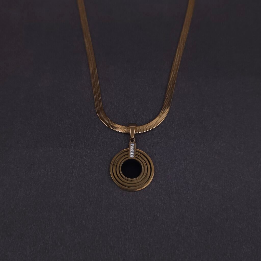 Stainless Steel Concentric Circle Necklace - CZ, Anti-Tarnish