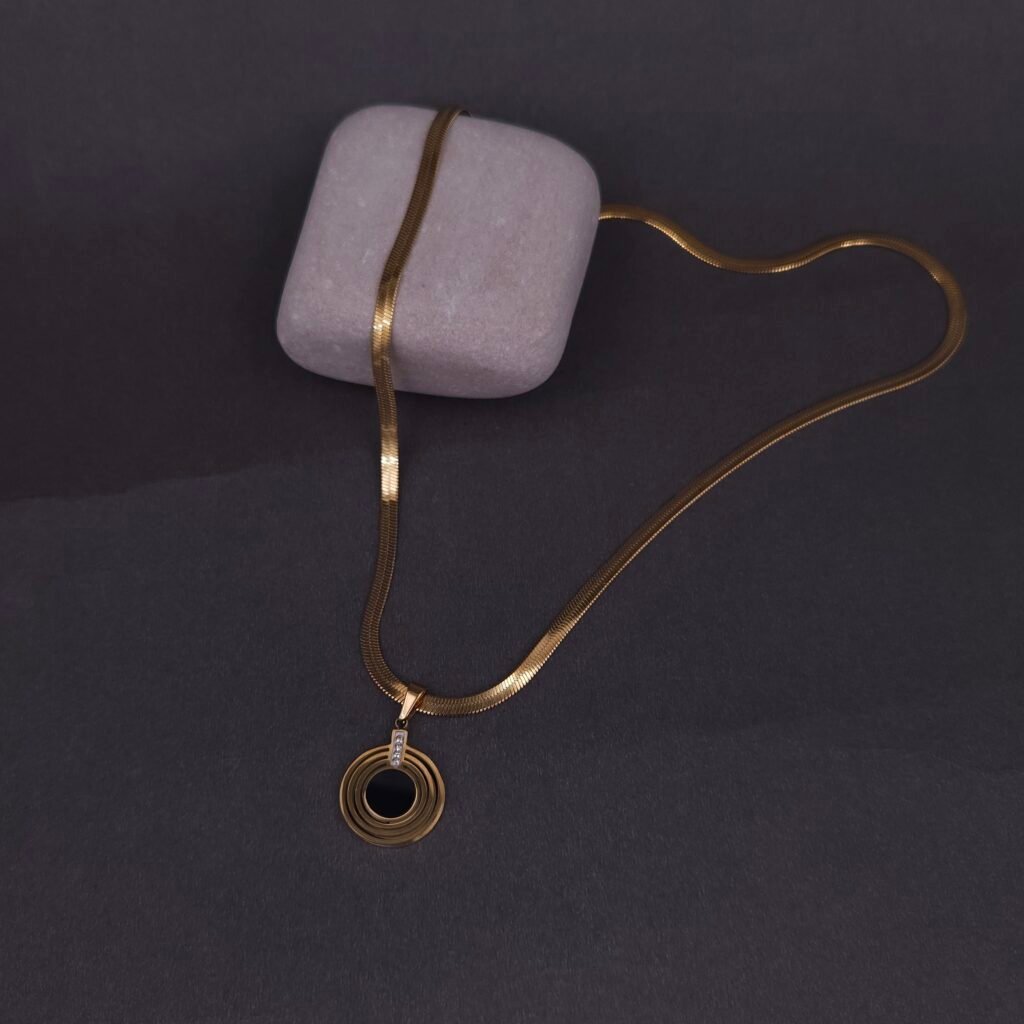 Stainless Steel Concentric Circle Necklace - CZ, Anti-Tarnish