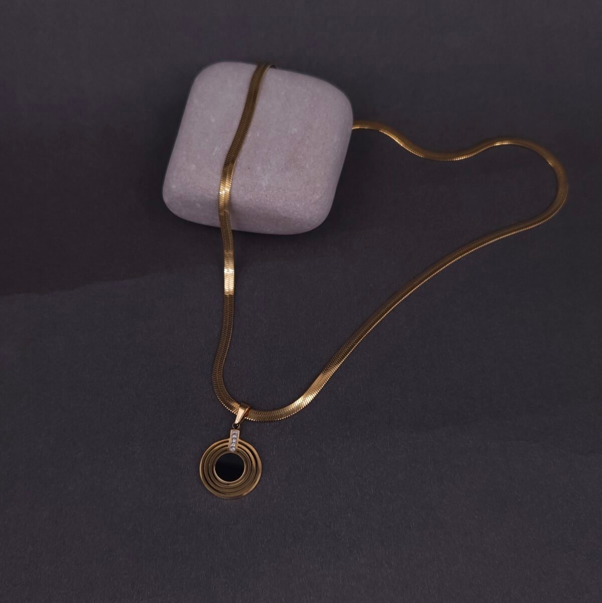 Stainless Steel Concentric Circle Necklace - CZ, Anti-Tarnish