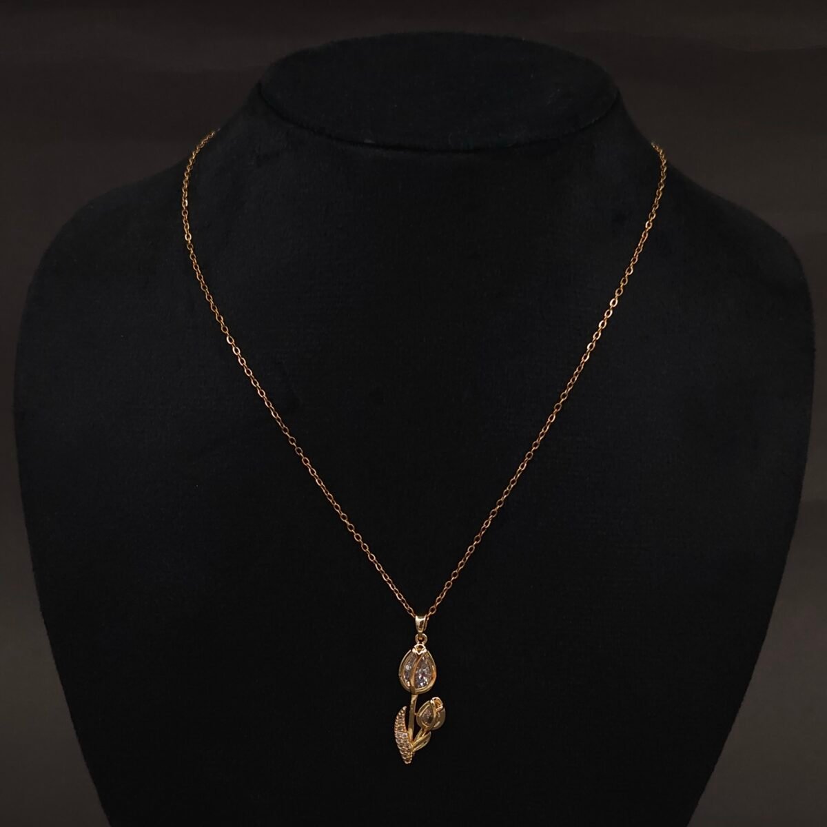 Stainless Steel Dual Tulip Pendant Necklace - CZ, Anti-Tarnish