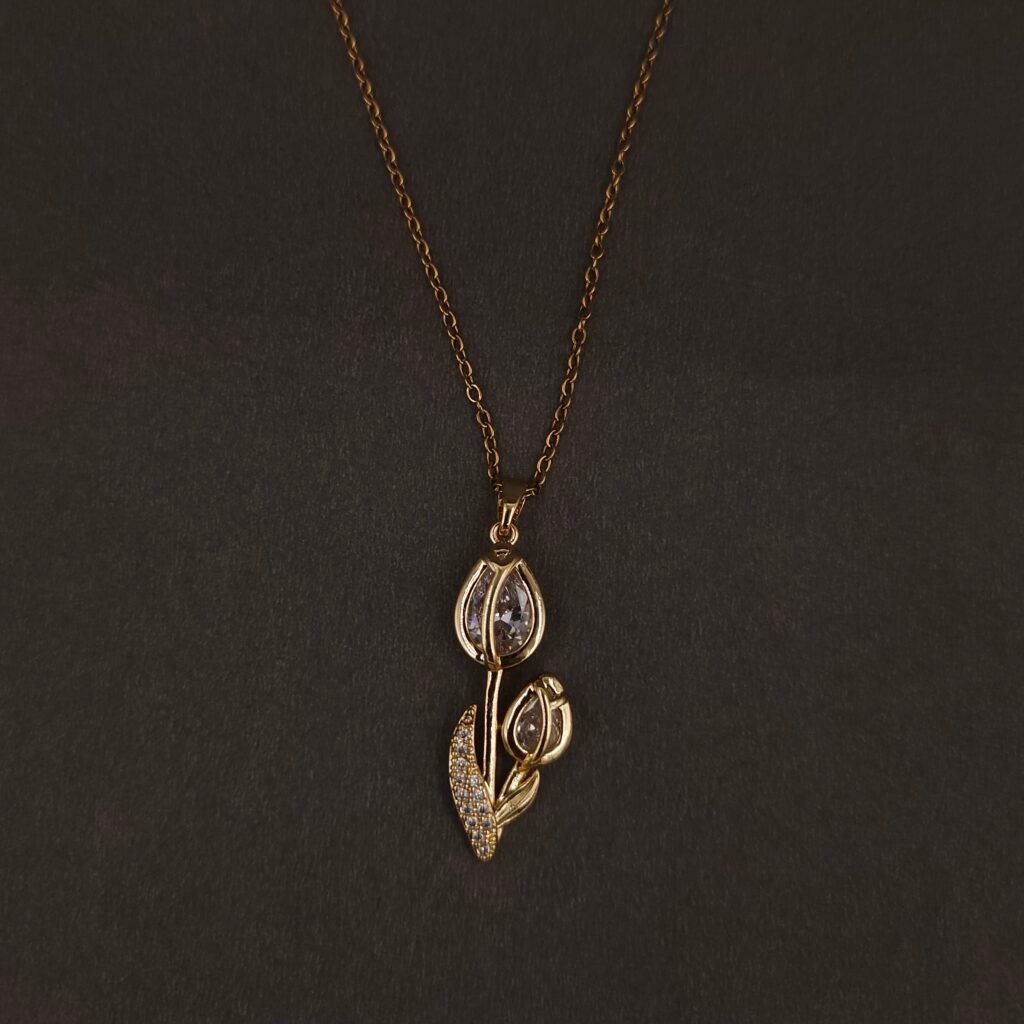 Stainless Steel Dual Tulip Pendant Necklace - CZ, Anti-Tarnish