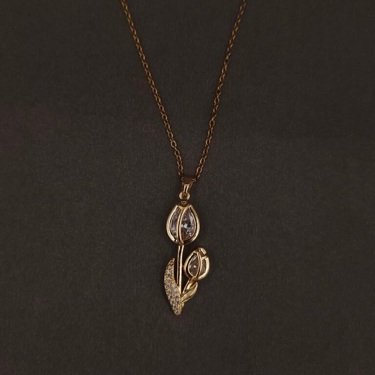 Stainless Steel Dual Tulip Pendant Necklace - CZ, Anti-Tarnish