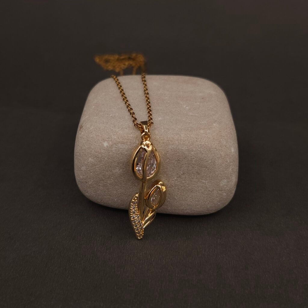 Stainless Steel Dual Tulip Pendant Necklace - CZ, Anti-Tarnish