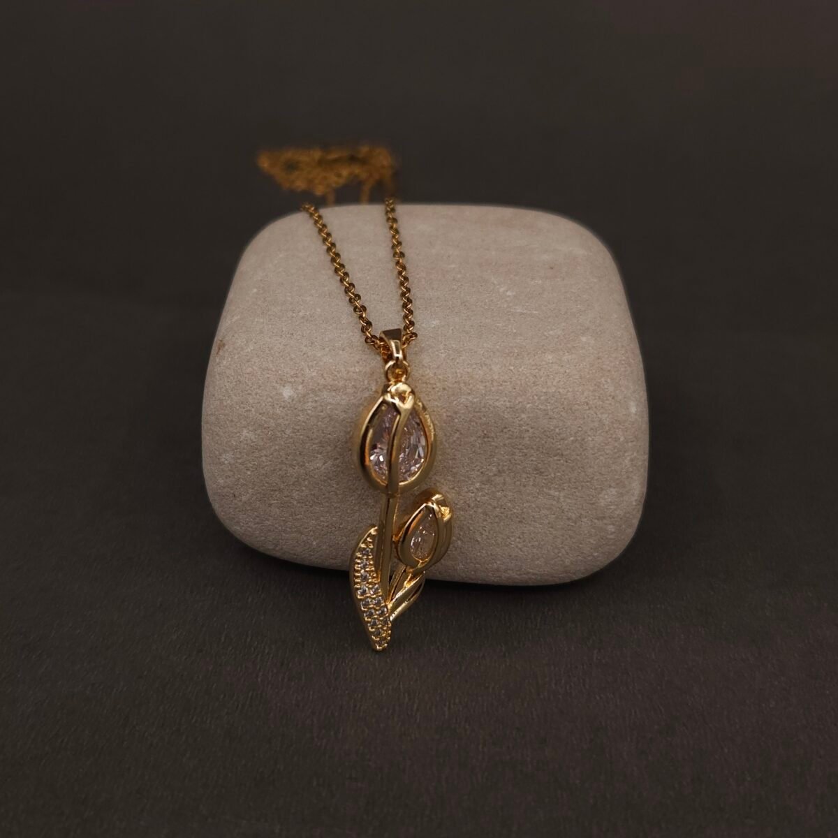 Stainless Steel Dual Tulip Pendant Necklace - CZ, Anti-Tarnish