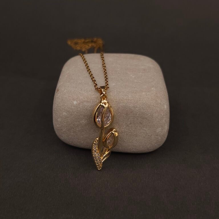 Stainless Steel Dual Tulip Pendant Necklace - CZ, Anti-Tarnish