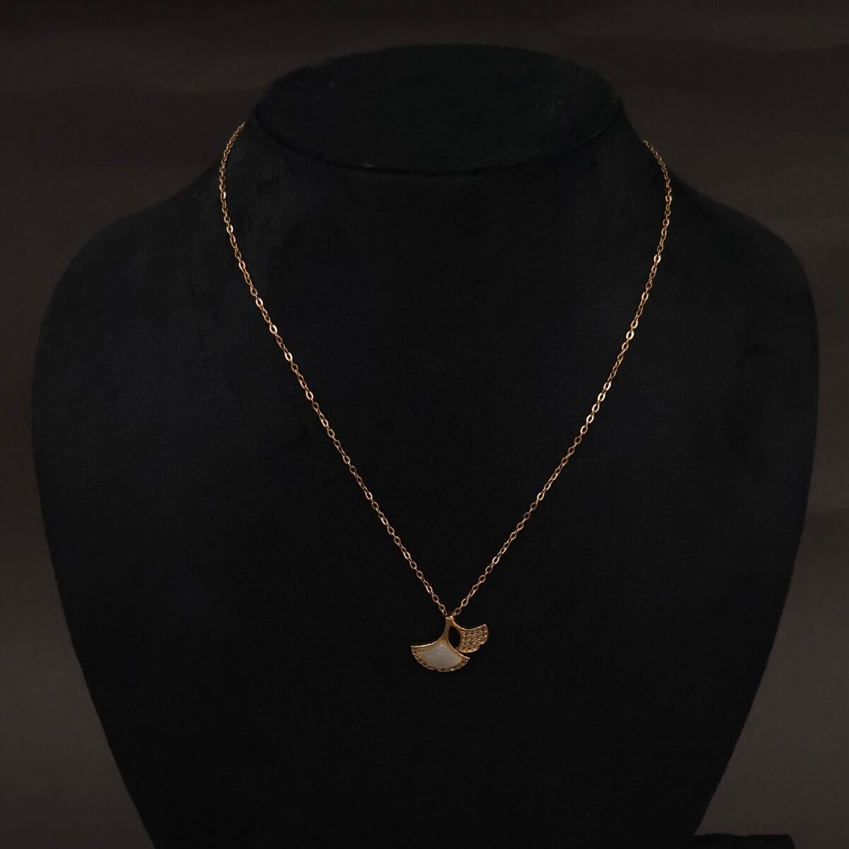 Stainless Steel Ginkgo Leaf Necklace - CZ, Anti-Tarnish