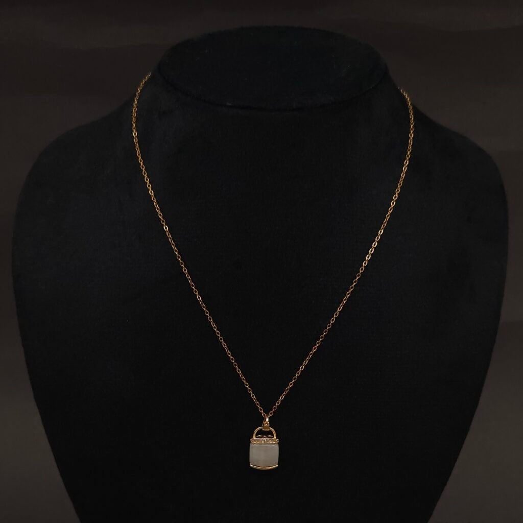 Stainless Steel Handbag Pendant Necklace - White Stone, CZ, Anti-Tarnish