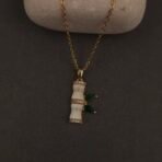 Stainless Steel Bamboo Necklace - Green Leaves, CZ, Anti-Tarnish