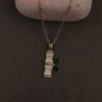 Stainless Steel Bamboo Necklace - Green Leaves, CZ, Anti-Tarnish