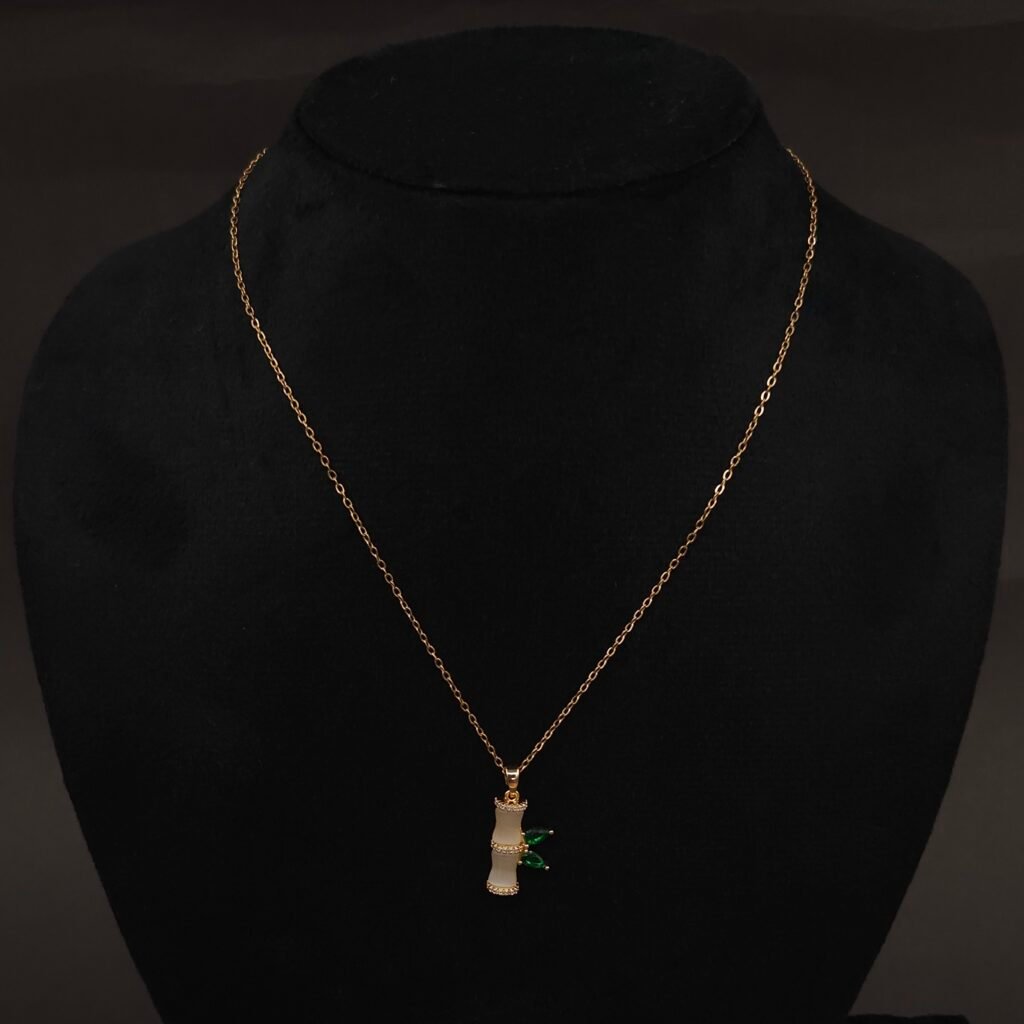 Stainless Steel Bamboo Necklace - Green Leaves, CZ, Anti-Tarnish