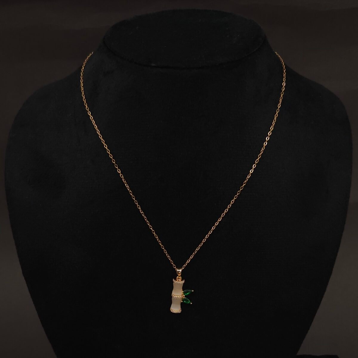 Stainless Steel Bamboo Necklace - Green Leaves, CZ, Anti-Tarnish