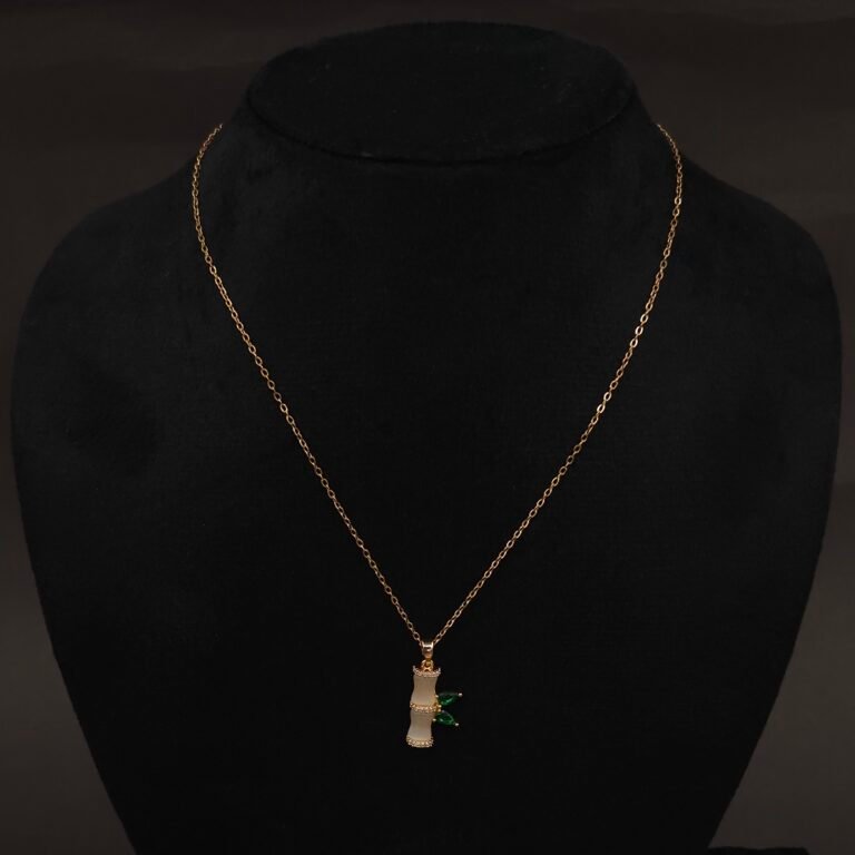 Stainless Steel Bamboo Necklace - Green Leaves, CZ, Anti-Tarnish