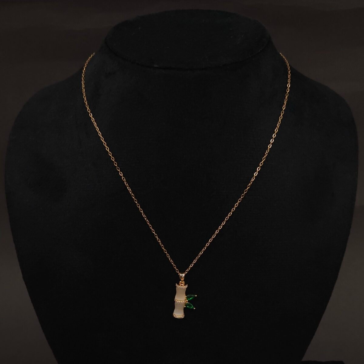 Stainless Steel Bamboo Necklace - Green Leaves, CZ, Anti-Tarnish