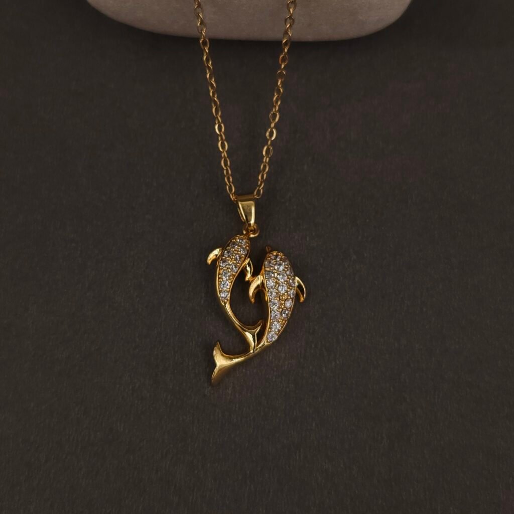 Stainless Steel Dolphin Necklace - Twin CZ, Anti-Tarnish