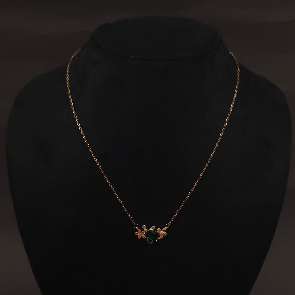 Stainless Steel Floral Necklace - Green Stone, Pink Enamel & CZ, Anti-Tarnish
