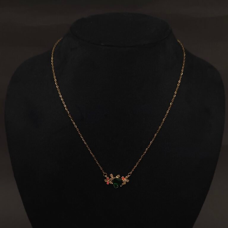 Stainless Steel Floral Necklace - Green Stone, Pink Enamel & CZ, Anti-Tarnish