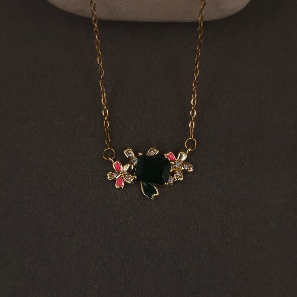 Stainless Steel Floral Necklace - Green Stone, Pink Enamel & CZ, Anti-Tarnish