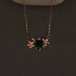 Stainless Steel Floral Necklace - Green Stone, Pink Enamel & CZ, Anti-Tarnish