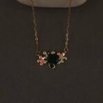 Stainless Steel Floral Necklace - Green Stone, Pink Enamel & CZ, Anti-Tarnish